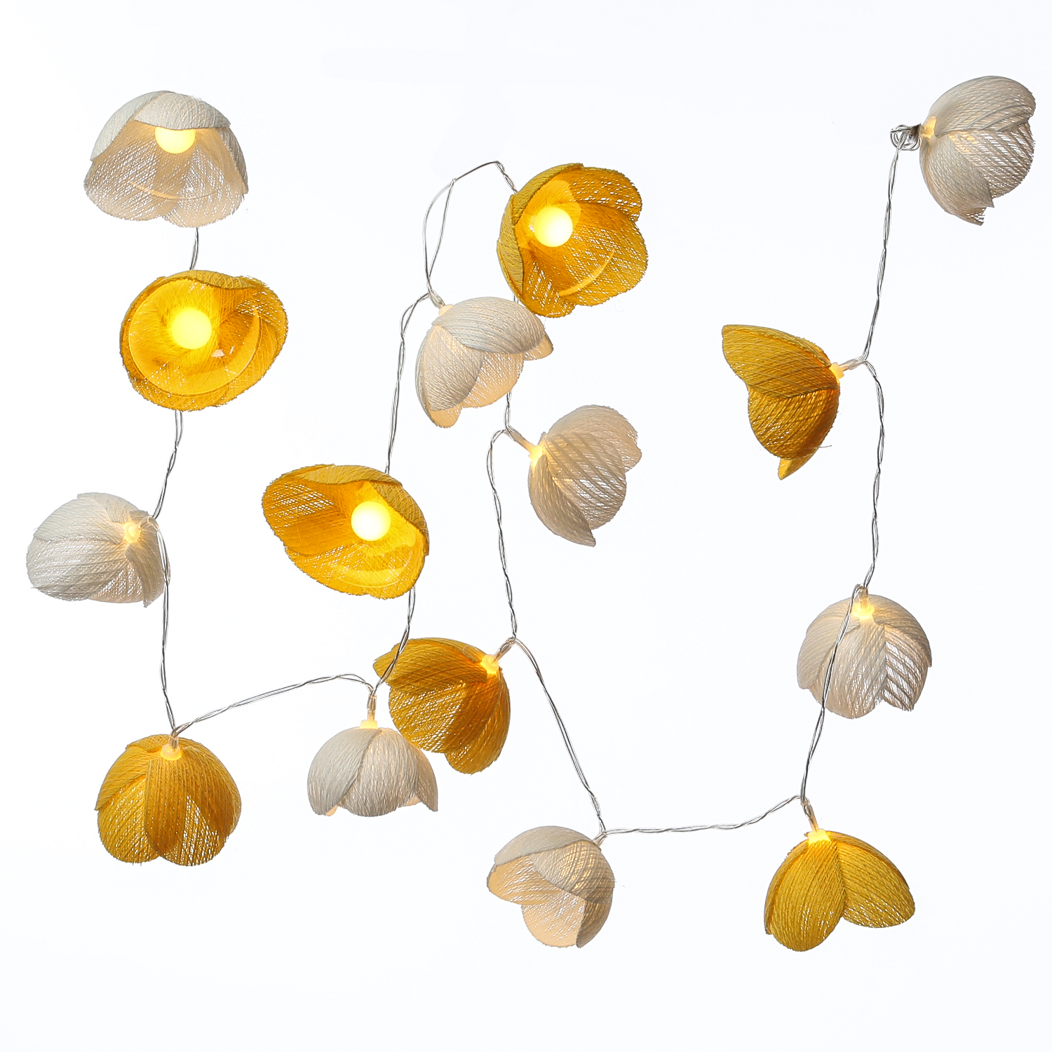 LED Lichterkette Blumen - 15 weiße u. gelbe Blüten - Batterie/Timer - L: 1,4m - Innen/Außen
