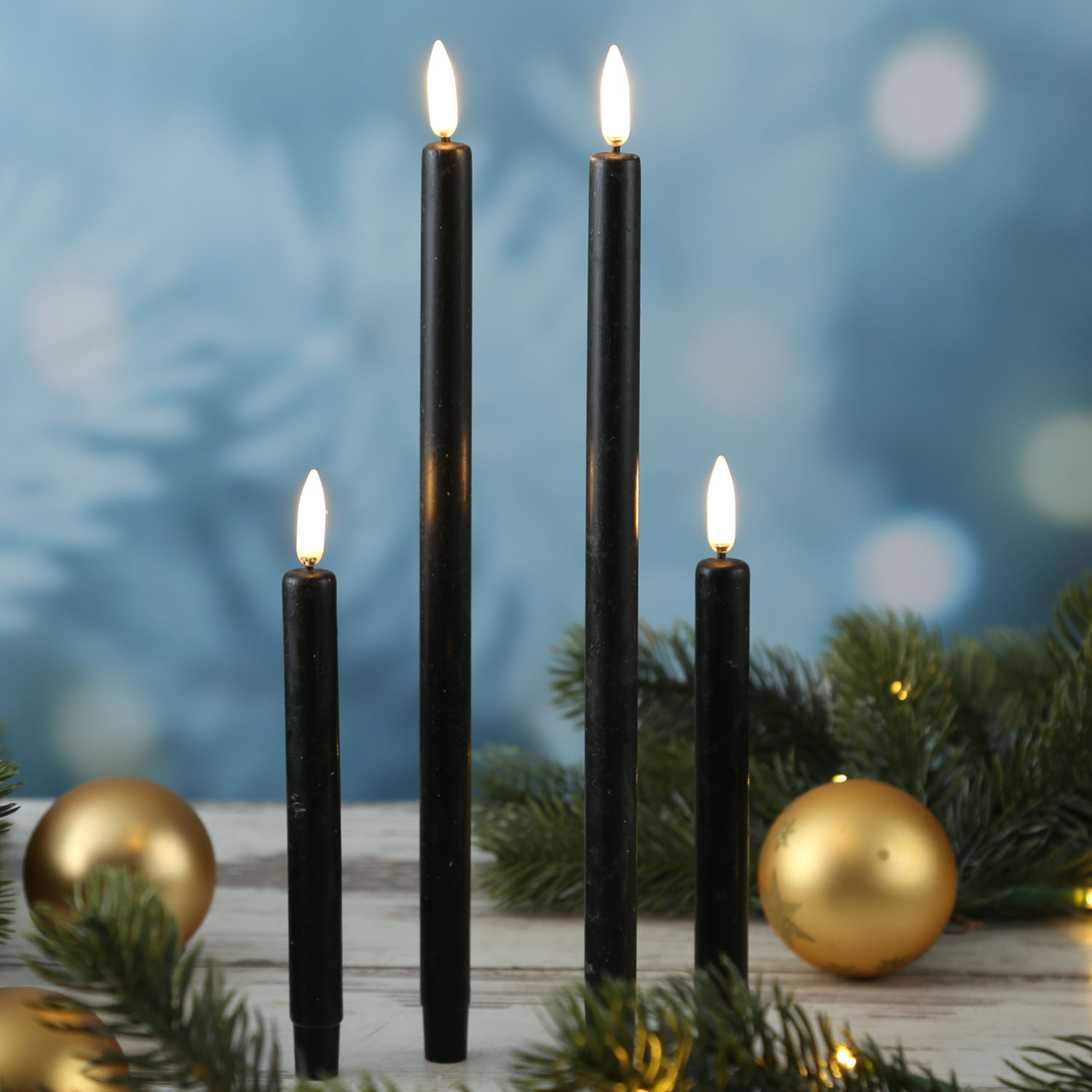 LED Stabkerzen THEA - dünne Tafelkerzen - Echtwachs - H: 16,6cm - D: 1,3cm - schwarz - 2 Stück