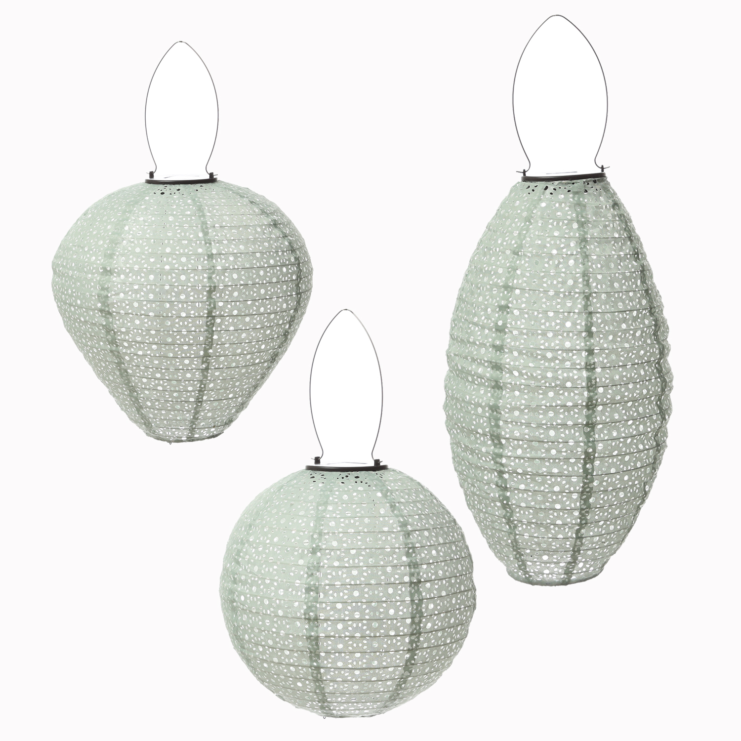 LED Solar Lampions mit Blumenmuster - oval/rund/Ballonform - Lichtsensor - grün - 3er Set