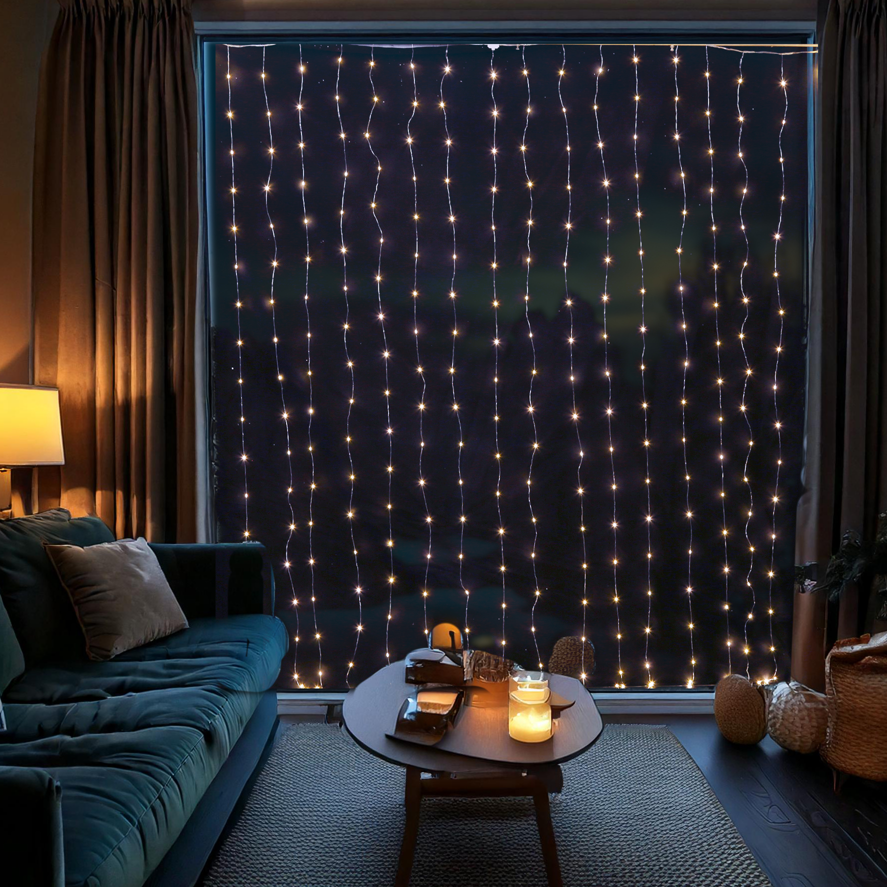 LED Lichtervorhang SCHNEEFLOCKEN - 64 kaltweiße LED - L: 1,2m - H: 1m - Trafo - für Innen