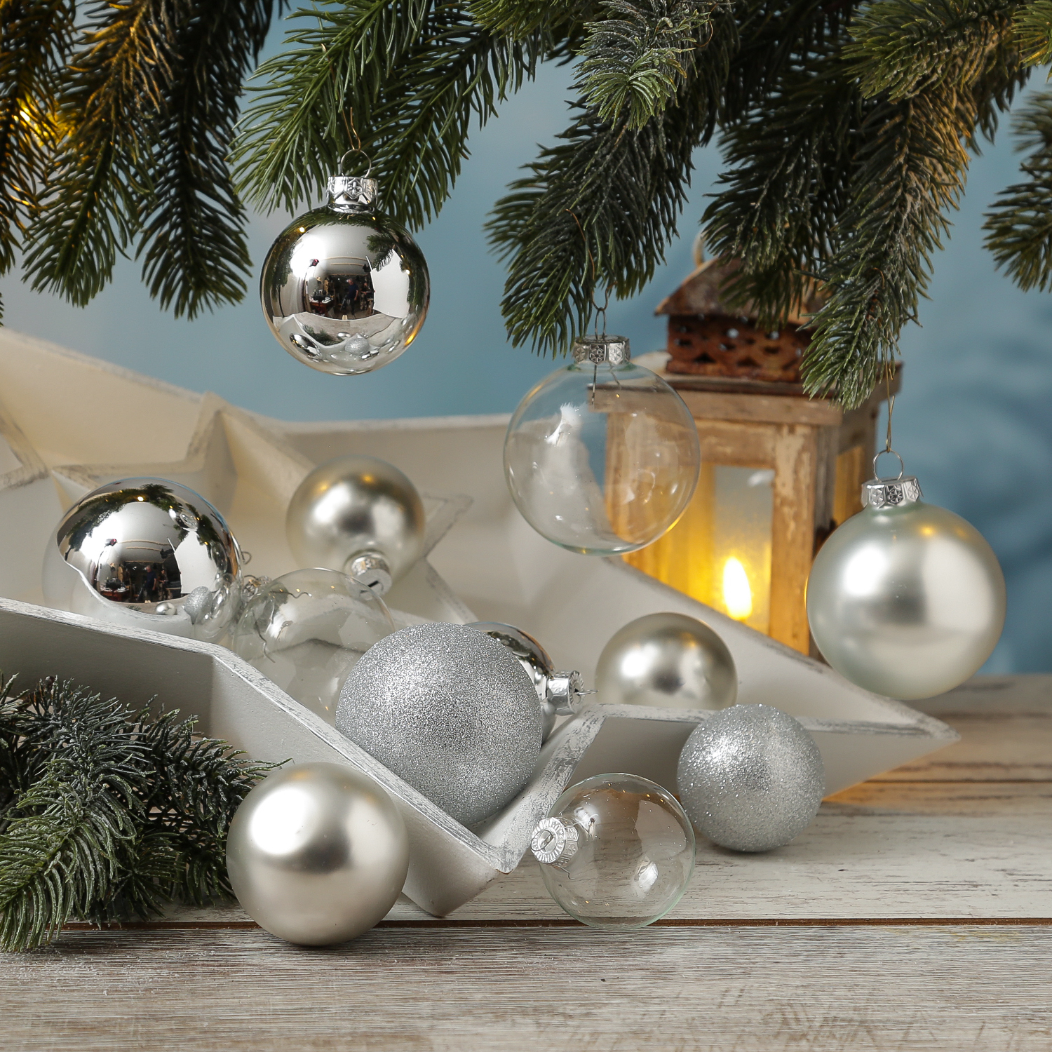 Christbaumkugel - Weihnachtsbaumkugel - Glas - glänzend, matt, glitzernd - silber - 42 Stück