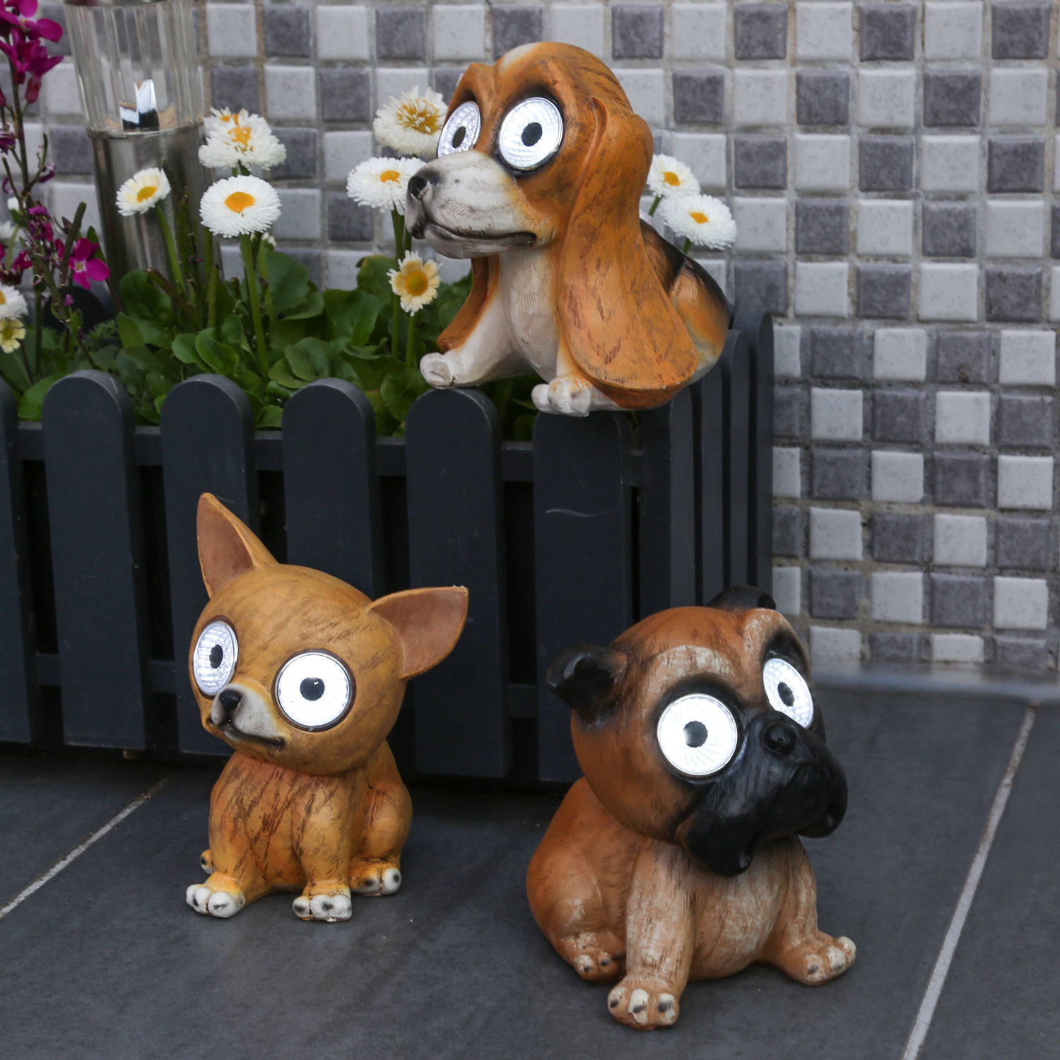 LED Solar Hund KIRA - Gartenfigur - 2 kaltweiße LED - Dämmerungssensor - H: 11cm - braun, schwarz