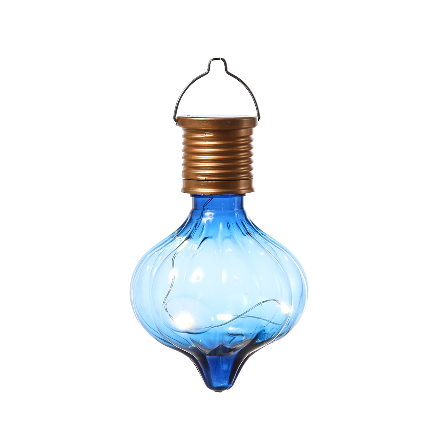 LED Solar Glühbirne GLOW - Kugelleuchte - warmweiße LED Drahtlichterkette - H: 11,7cm D:7,5cm - blau