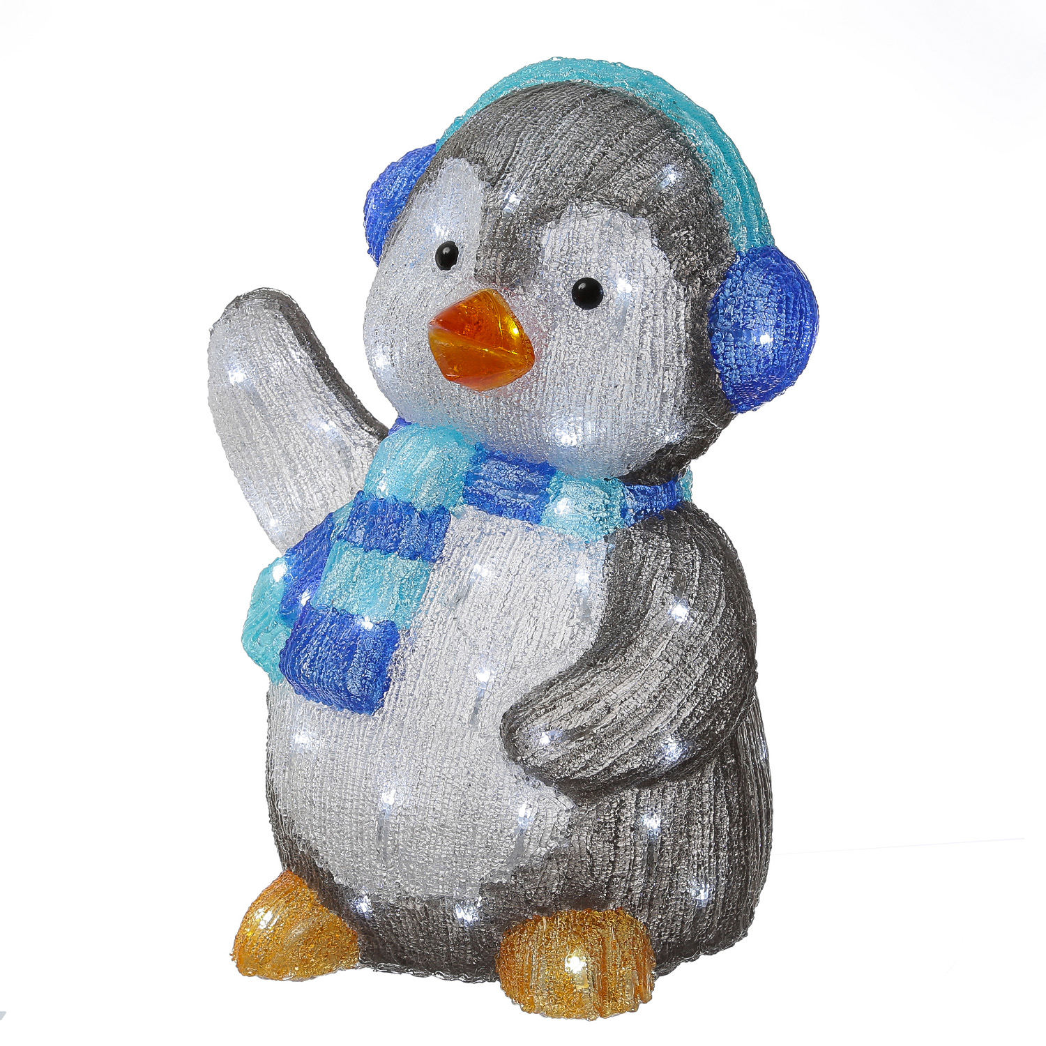 LED Pinguin mit Schal und Ohrenwärmer - Acrylfigur - 70 kaltweiße LED - H: 46cm - Timer - Außentrafo