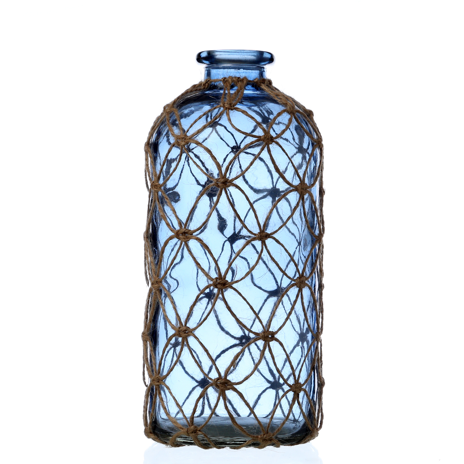 Dekoflasche MARITIM mit Netz - Glasvase - Juteseil Deko - H: 25cm - blau