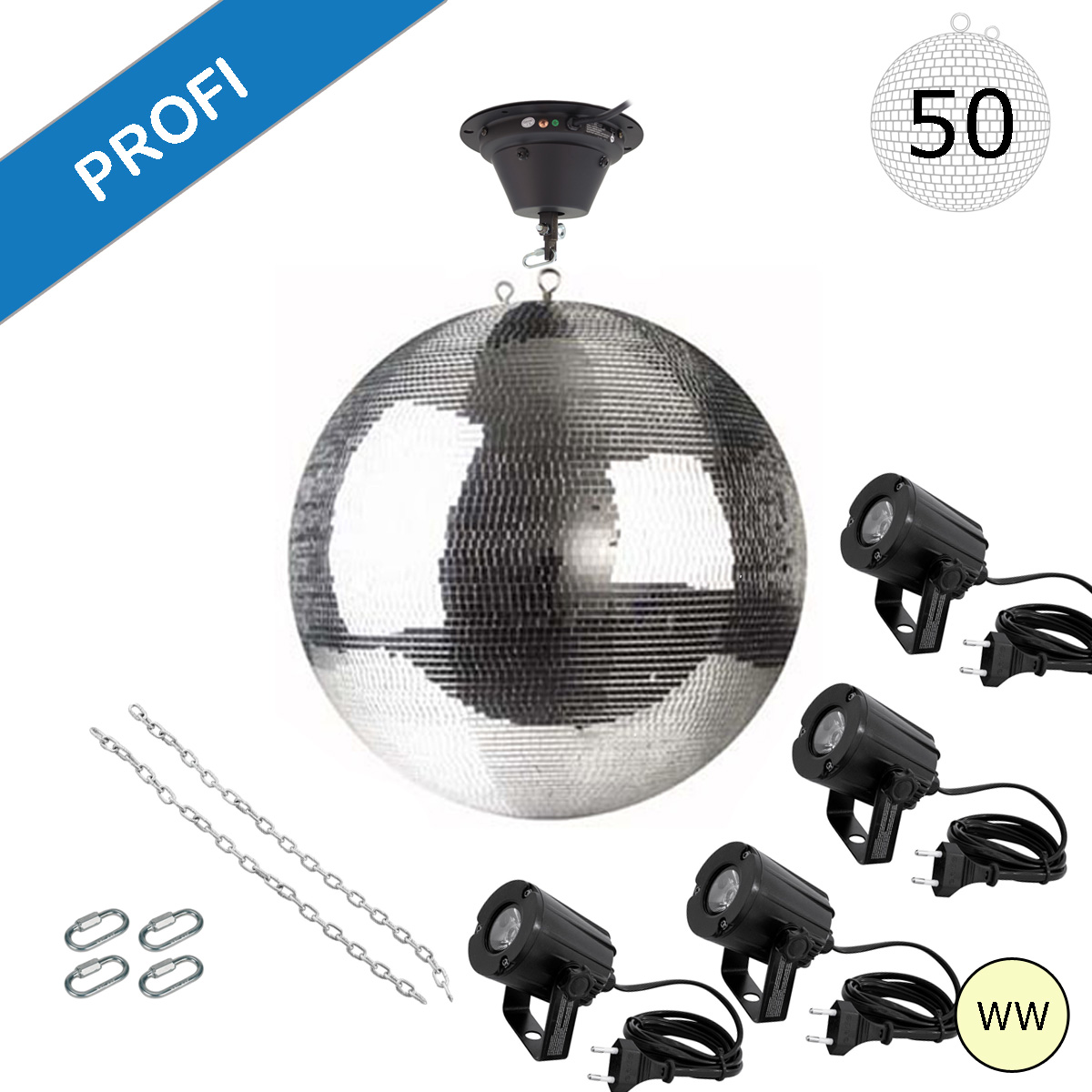 Spiegelkugel Komplettset - Discokugel, Motor, Pinspot, Montagematerial für Diskokugel - Mirrorball Set - Partyset