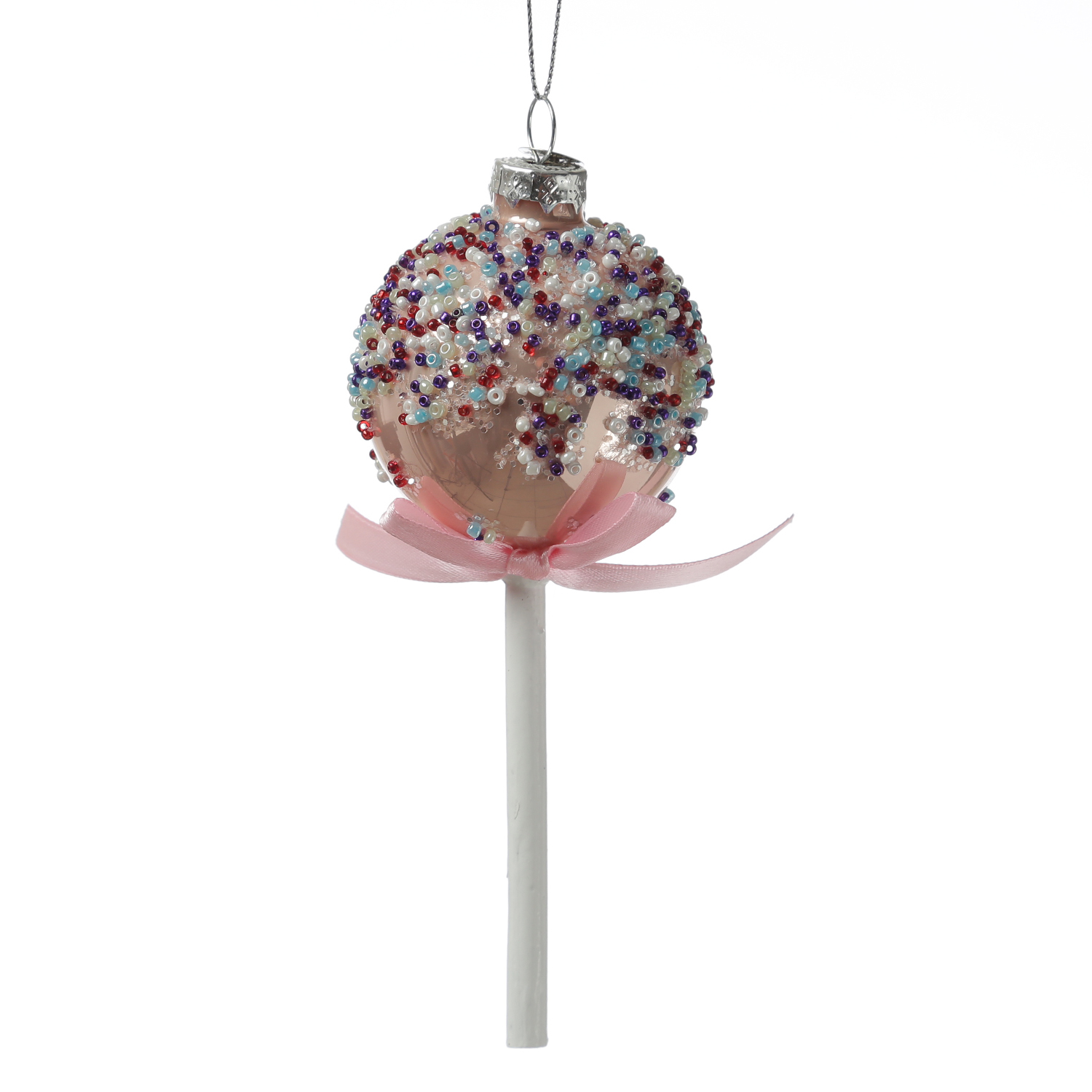 Weihnachtsbaumschmuck Lolli - mit Perlen verziert - Glas - Christbaumschmuck - H: 16cm - rosa
