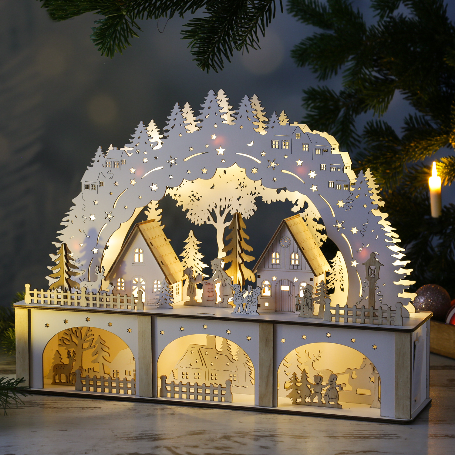 LED Schwibbogen Weihnachtsdorf - Lichterbogen - 10 LED - H: 33,5cm - 2stöckig - Timer - Batterie