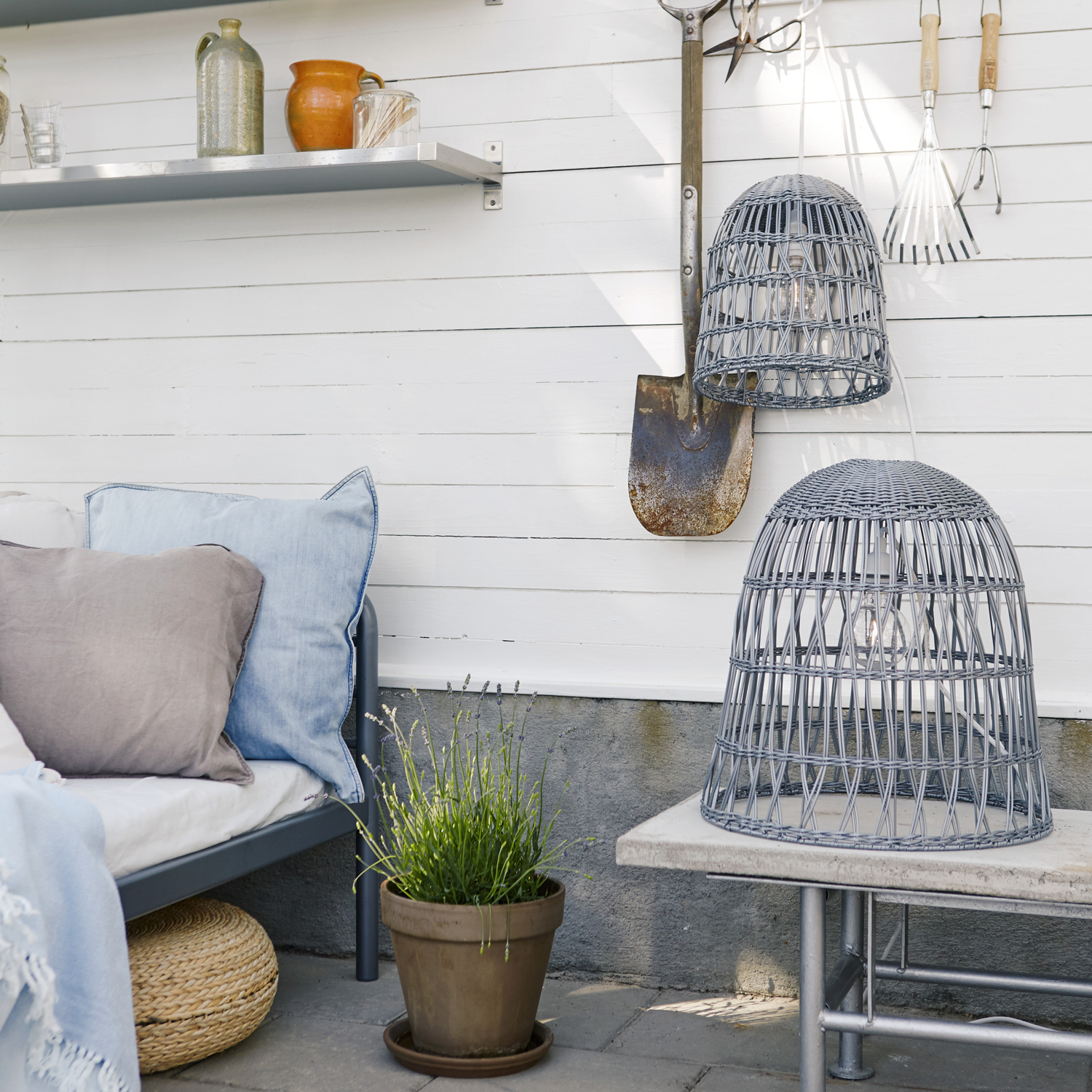Lampenschirm Rattan wetterfest für E27 Fassungen grau H: 33cm Garten Terasse