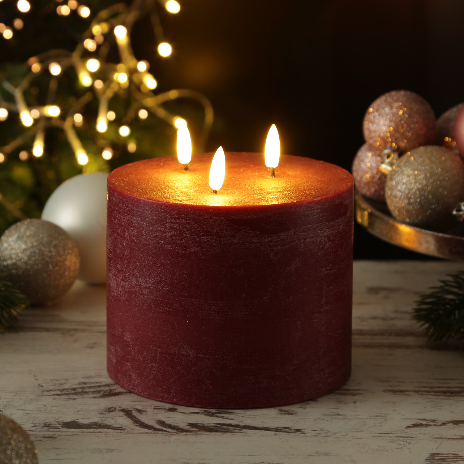 XXL LED Kerze - 3-Docht - Echtwachs - Timer - H: 15cm D: 15cm - rot