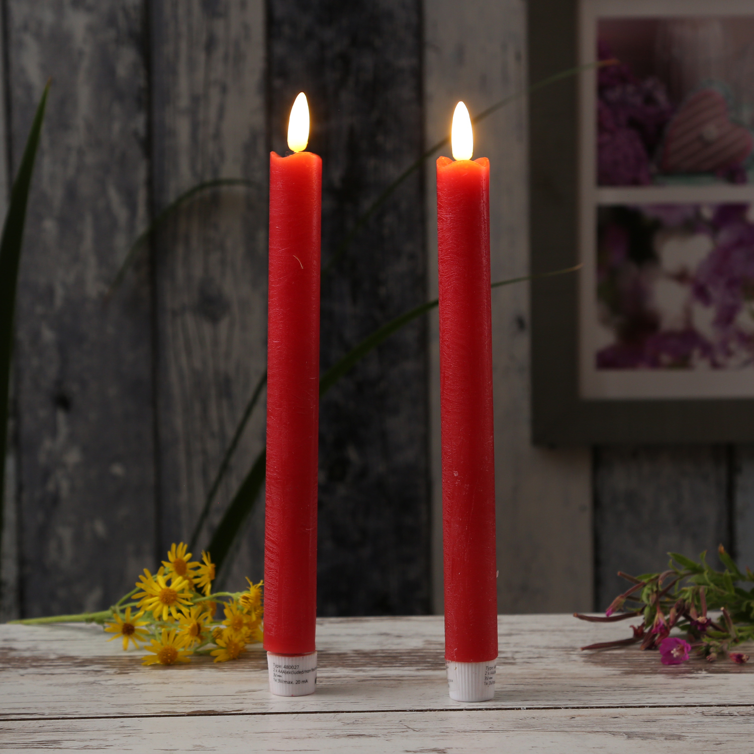 LED Stabkerzen Flamme - Echtwachs - flackernde warmweiße LED - H: 25cm - Timer - rot - 2er Set