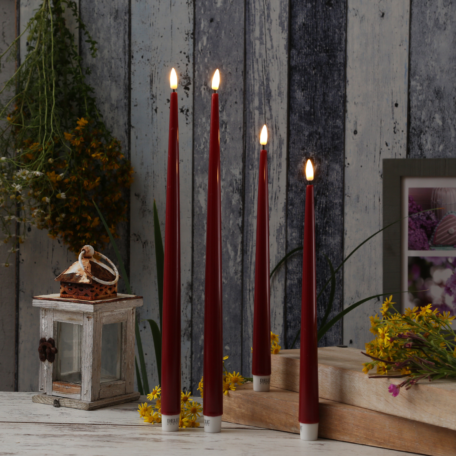 LED Stabkerzen ELLA - Echtwachs - realistische 3D Flamme - H: 38cm - bordeauxrot - 2 Stück