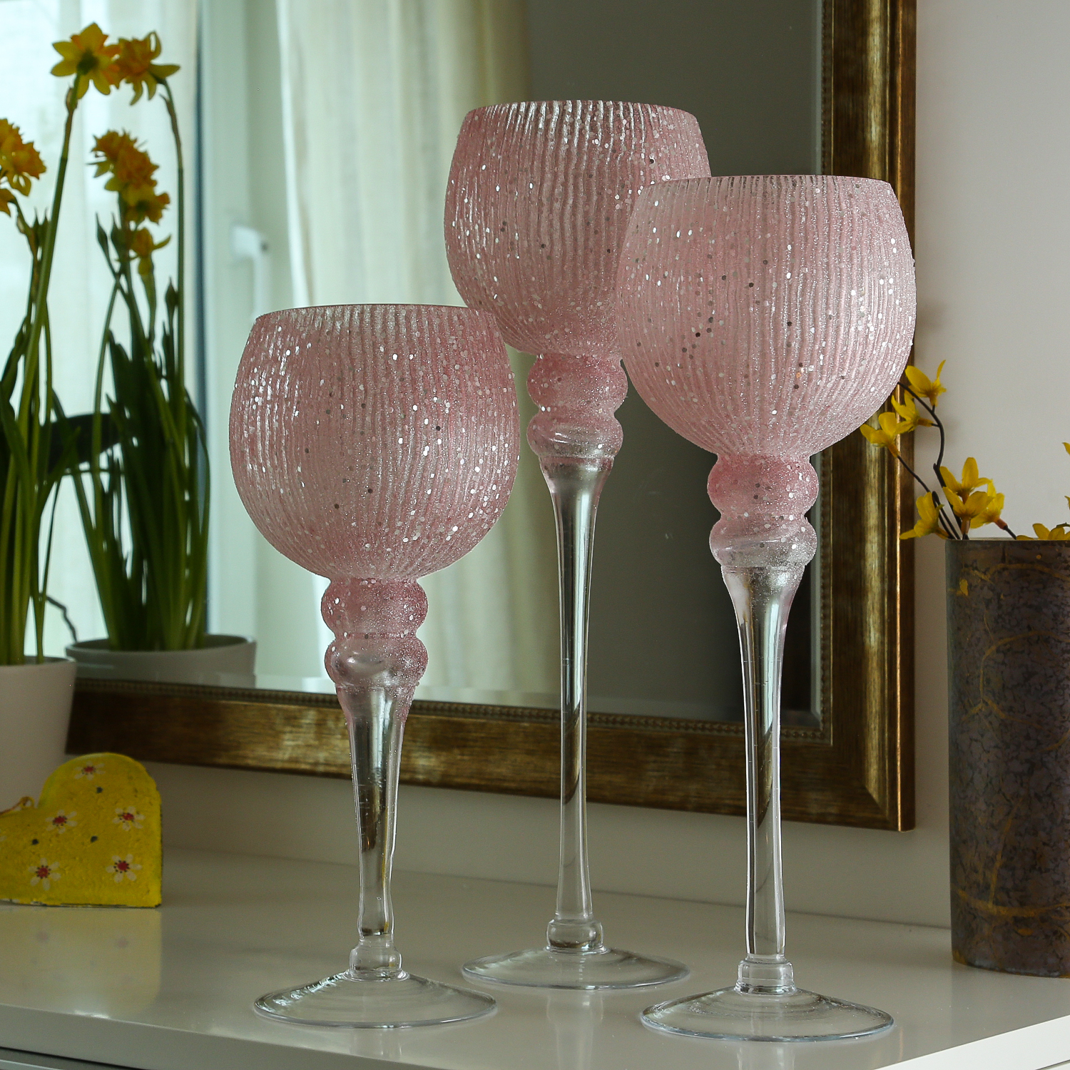 Kerzenhalter Kelch FLORENZ - Glas - H: 30cm, 34,5cm, 40cm - rosa, silber - 3er Set