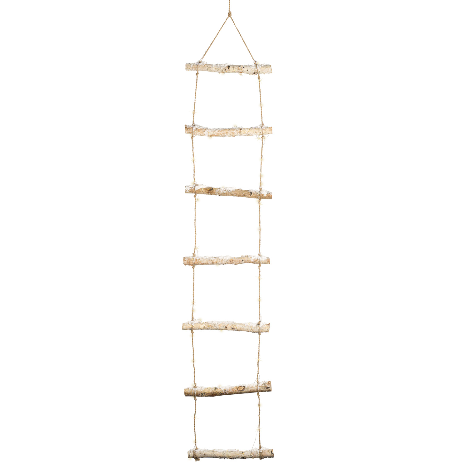 LED Strickleiter - Juteseil mit Holzstäbe - Schneeoptik - warmweiße LED - H: 1,5m - Timer - Batterie