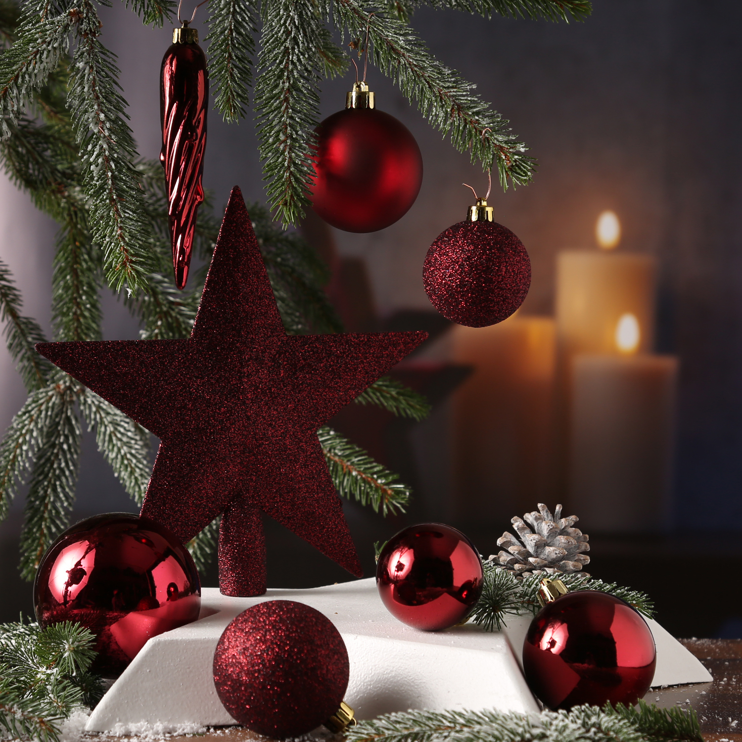 Christbaumkugel - Weihnachtsbaumkugel - bruchfest - glänzend matt glitzernd - weinrot - 33er Set