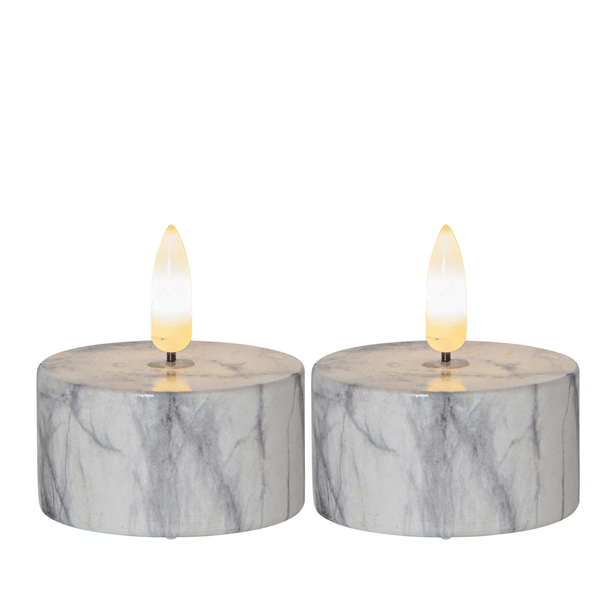 LED Teelicht "Flamme" - Marmoroptik - Echtwachs - realistische Flamme - Timer - H:6cm - 2er Set