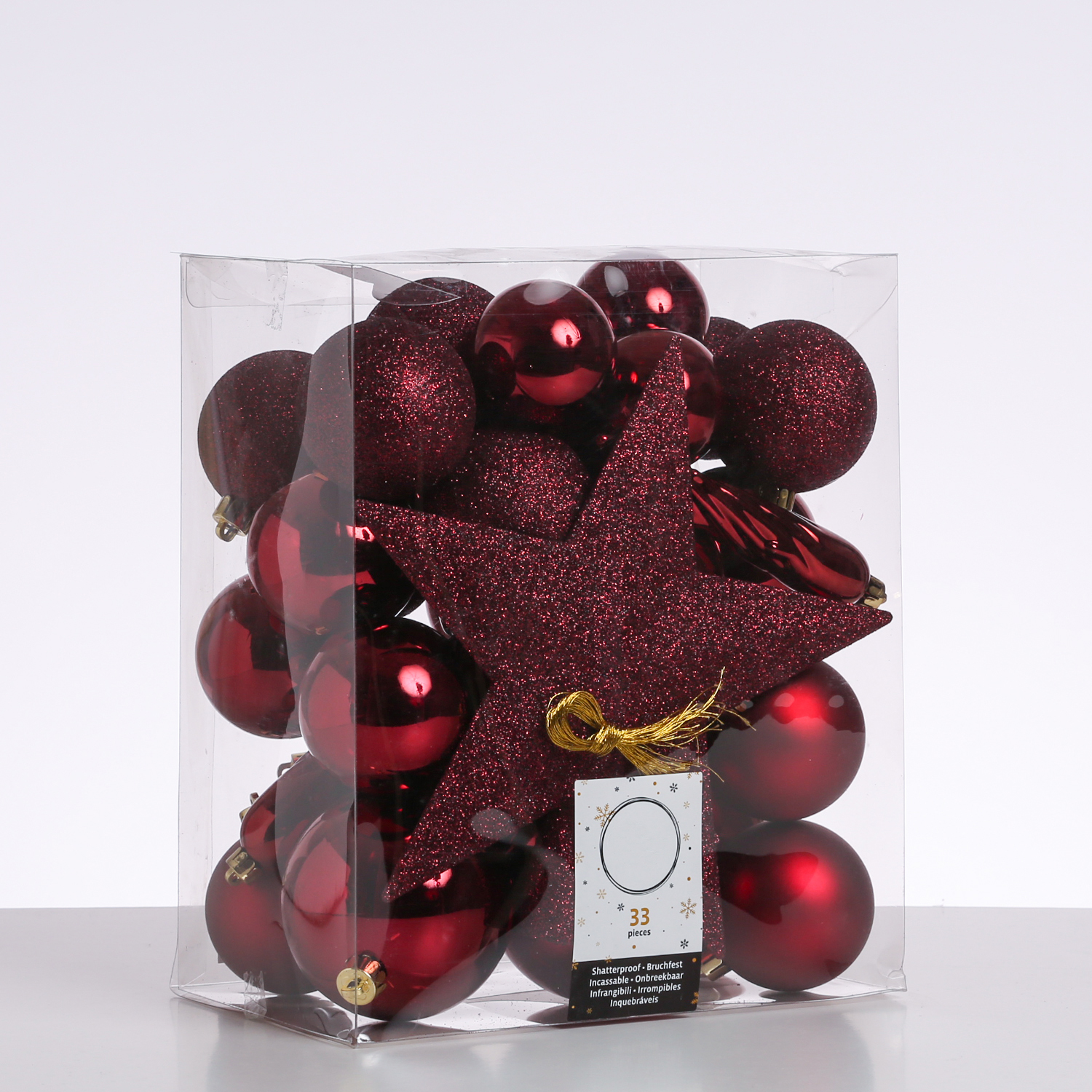 B-Ware Christbaumkugeln - Weihnachtsbaumkugeln mit Stern Baumspitze - bruchfest - weinrot - 33er Set