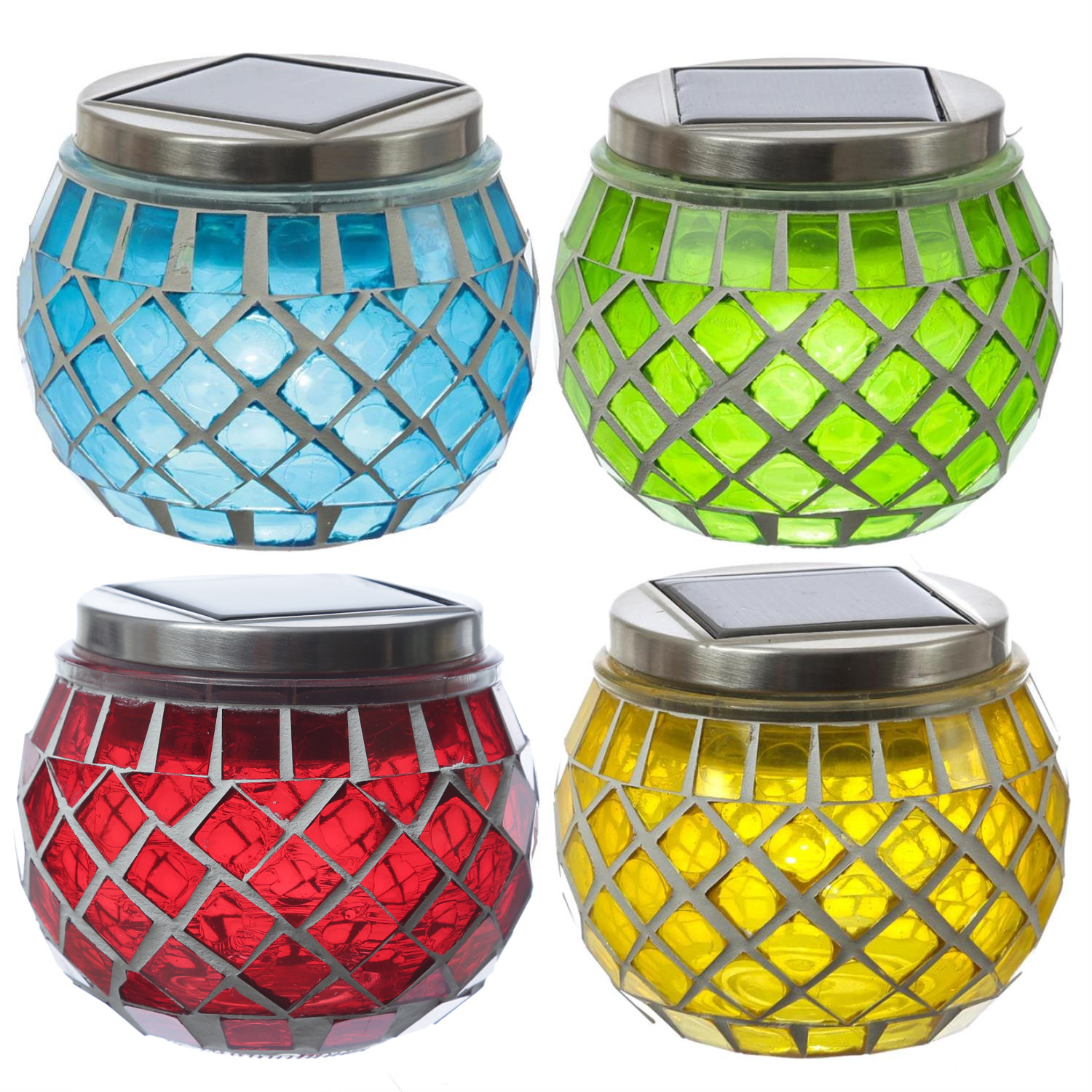 LED Solar Windlichter - Mosaik Solargläser - Lichtsensor - H: 9cm - für Außen - bunt - 4er Set