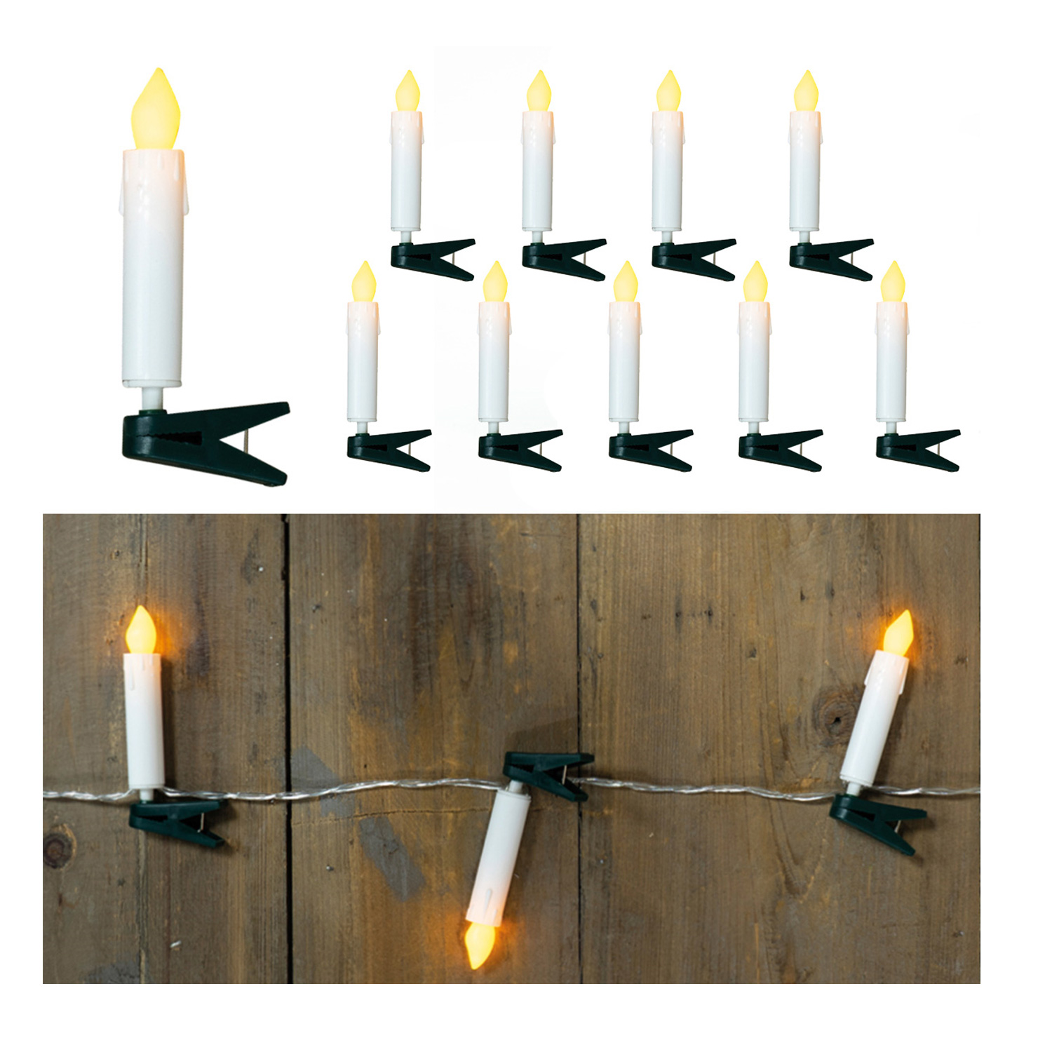 LED Lichterkette, 10 Miniatur Baumkerzen mit Clip - Batteriebetrieb - warmweißes Licht