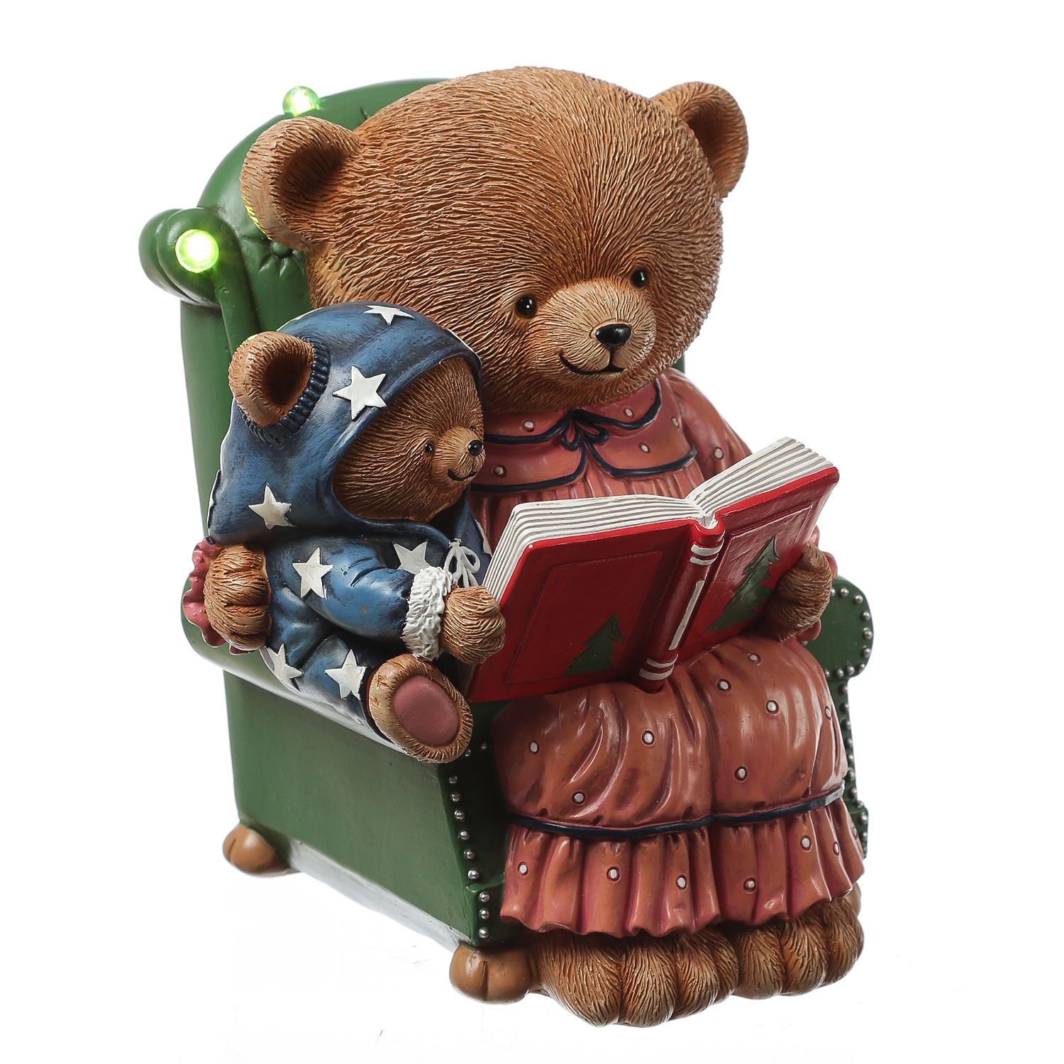 LED Bär mit Teddybär im Sessel mit Buch - Dekofigur - Polyresin - H: 22cm - Batterie - Timer