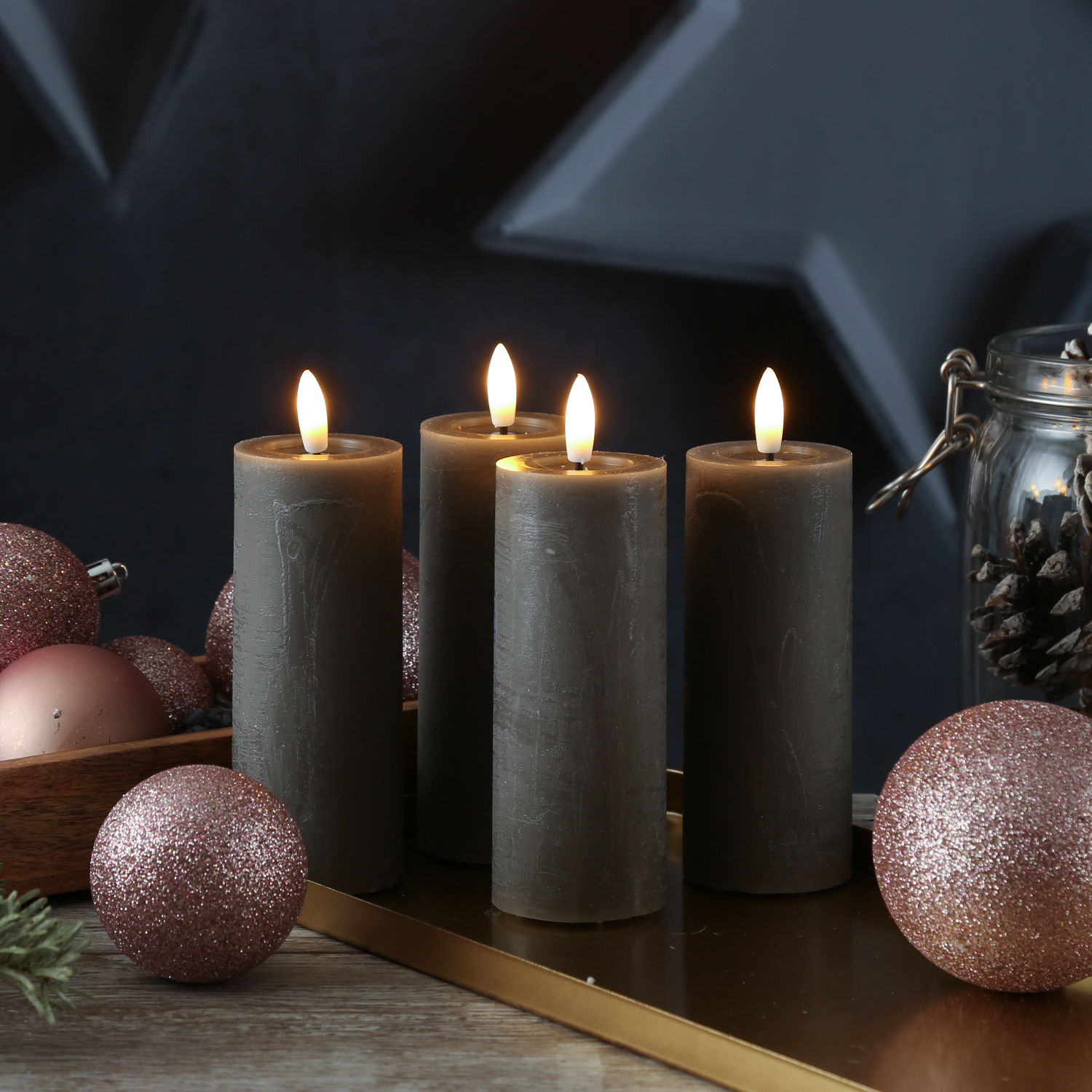 LED Kerzenset LINA - Rustik-Optik - Echtwachs - H: 12,5cm - D: 5cm - Timer - grau - 4er Set