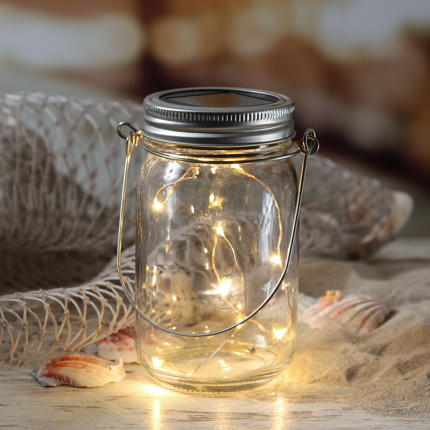 LED Solar Glas - Windlicht - mit Drahtlichterkette - Lichtsensor - H 18cm - transparent