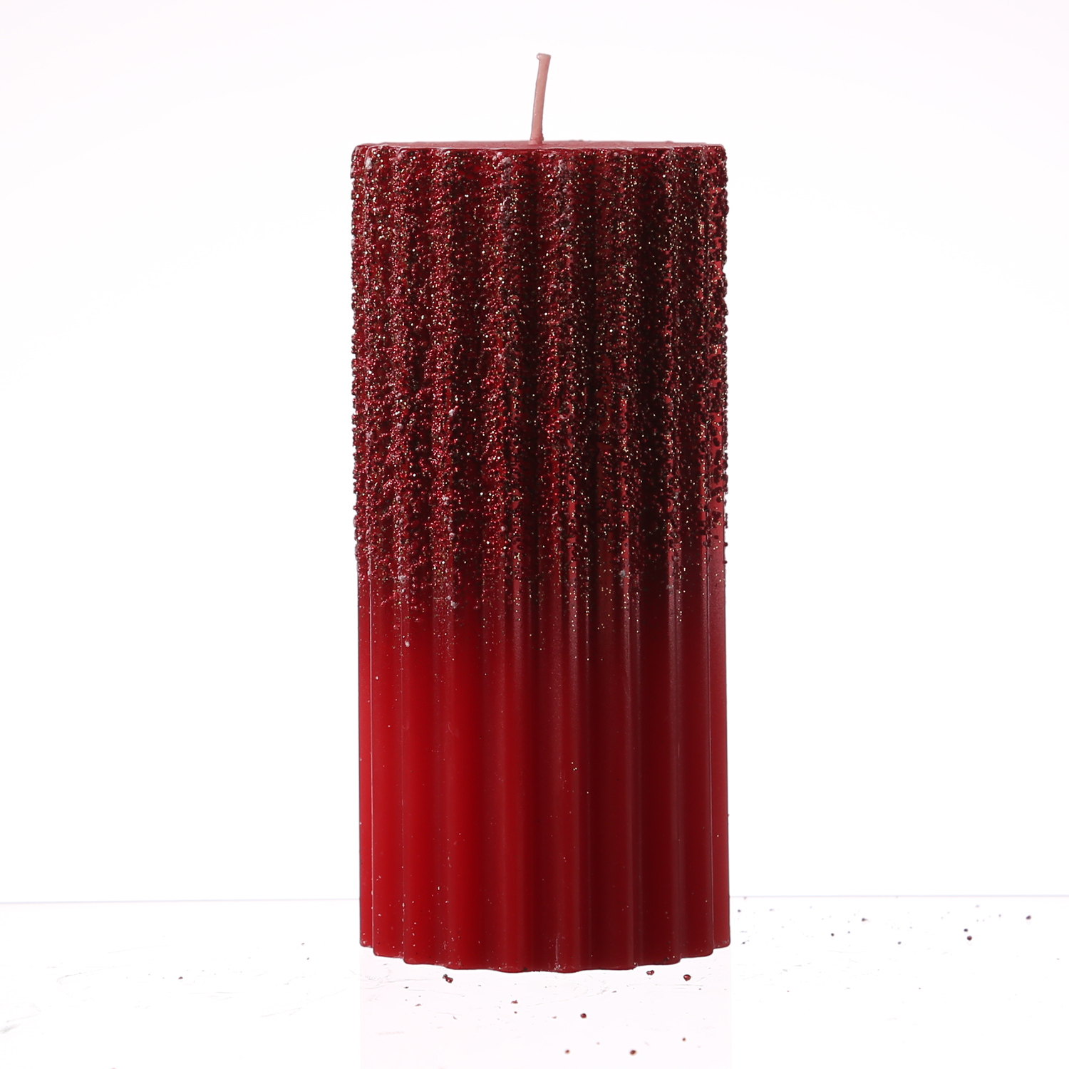 Stumpenkerze - Goldglitzer - geriffelt - H: 15cm - D: 7cm - rot