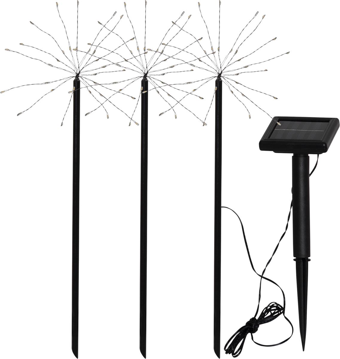 LED Solar "Feuerwerk" - 3 schwarze Spieße mit je 30 warmweißen LED - H: 40cm - Dämerungssensor