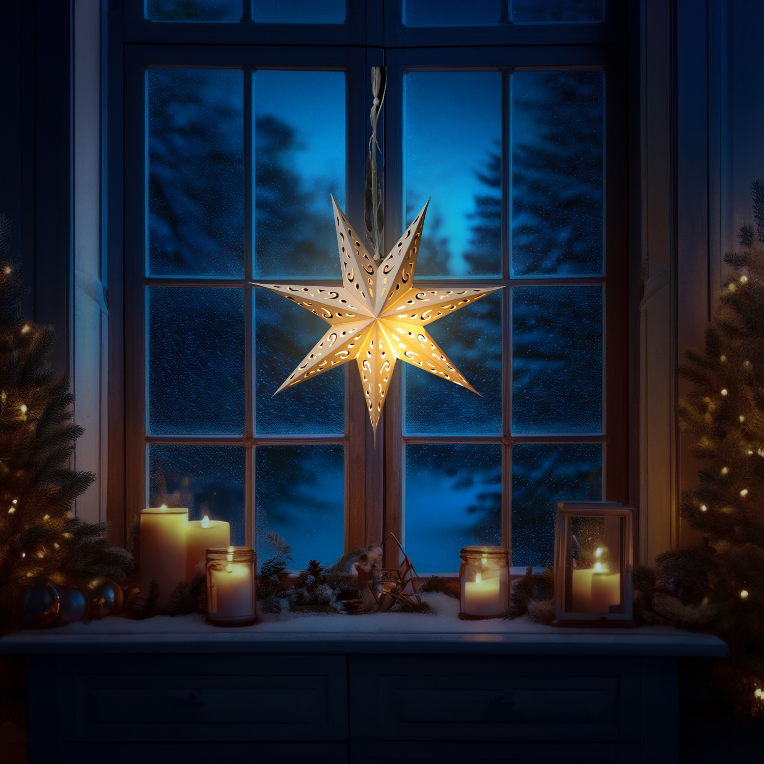 LED Papierstern - hängend - 7-zackig - 10 warmweiße LED - D: 38cm - Batterie - Timer - weiß