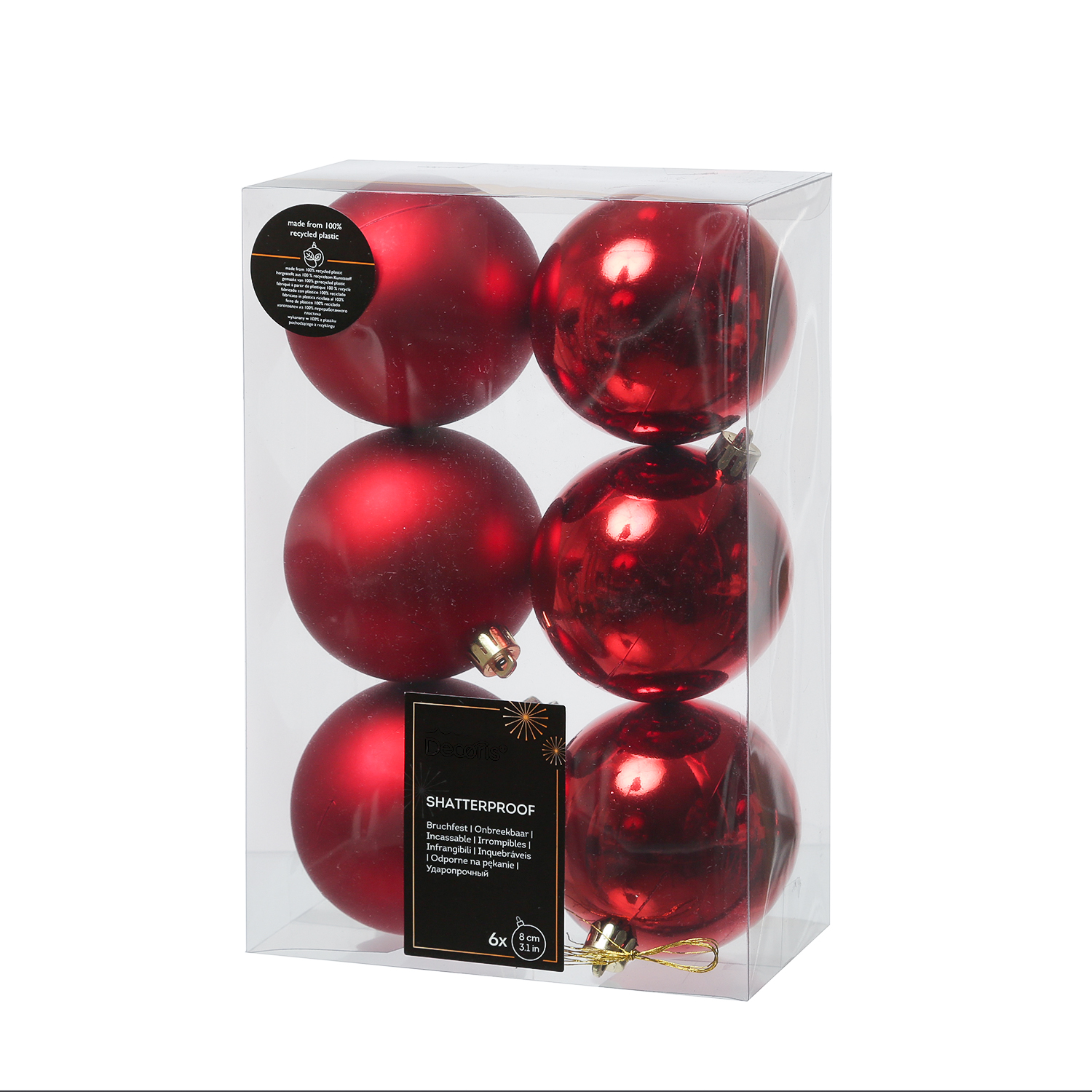 Christbaumkugeln - Weihnachtbaumskugeln - bruchfest - D: 8cm - glänzend/matt  - rot - 6er Set