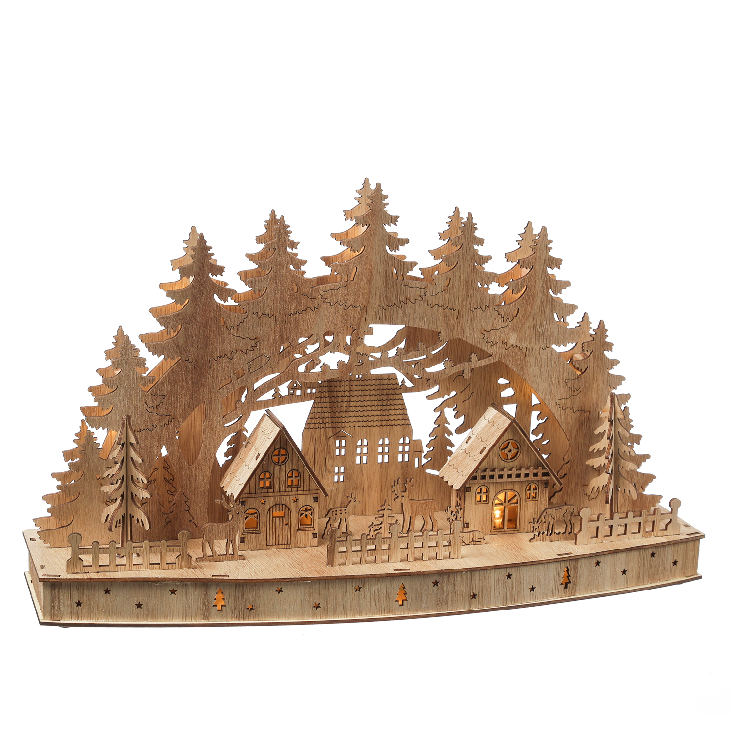 LED Schwibbogen Weihnachtsdorf - Holz - 10 warmweiße LED - H: 26,5cm - Timer - Batterie