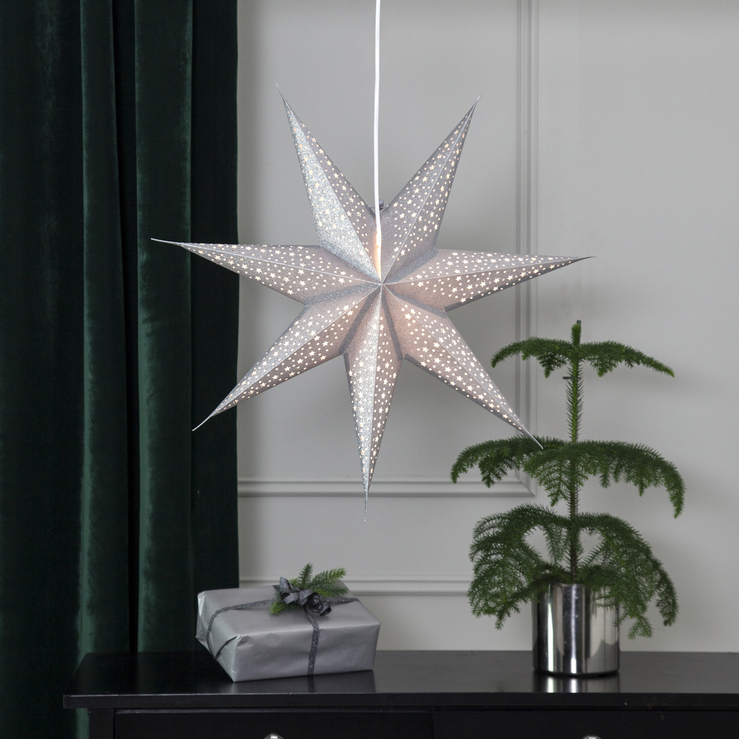 Papierstern "Blinka" - hängend - 7-zackig - Ø 60 cm - silber